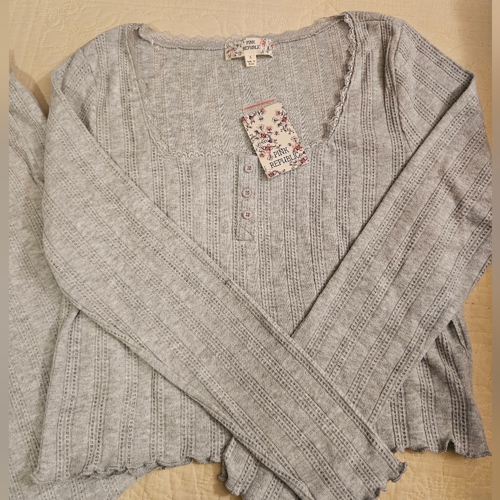 Womans Pink Republic Light Gray Ribbed Knit Two-Piece Loungewear Set Soft Cozy - Picture 2 of 6